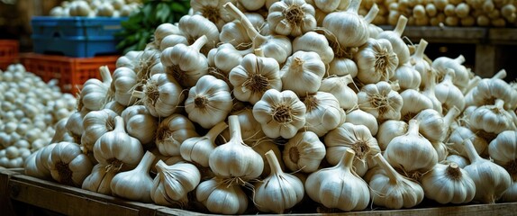 Aufkleber - Freshly harvested garlic bulbs piled in a market showcasing unique texture and natural agricultural abundance in a rustic setting.