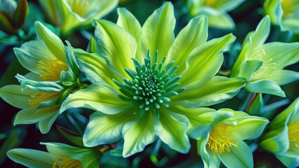 Poster - Close-up view of vibrant green flower with intricate petals and yellow accents, showcasing nature's beauty and detail from above.