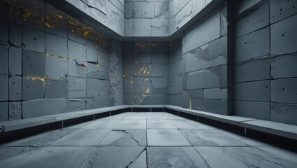 Poster - Industrial gray cement wall interior with textured surfaces and ambient lighting for modern architectural or design backgrounds.