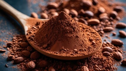 Aufkleber - Closeup view of freshly ground cocoa powder and cocoa beans on a wooden spoon against a dark background for culinary use or chocolate recipes.