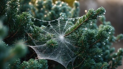 Aufkleber - Dew-kissed cobweb glistening on emerald thuja shrub in a serene outdoor setting, capturing nature's delicate beauty in closeup detail