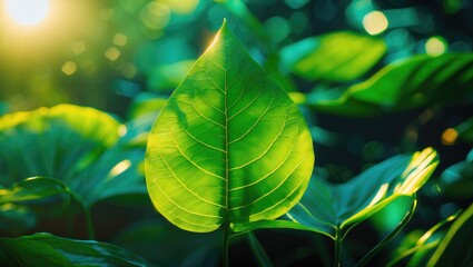 Poster - Backlit green leaf showcasing intricate veins amidst a lush natural backdrop illuminated by soft sunlight