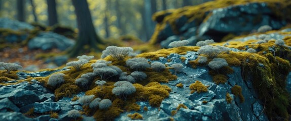 Poster - Lush gray moss blankets rocky terrain in a serene forest setting, showcasing nature's intricate beauty and tranquility.