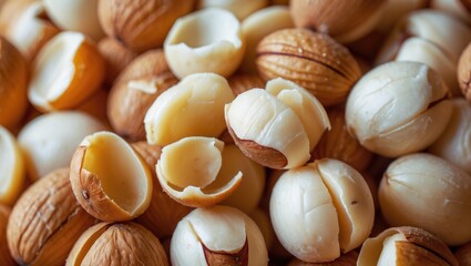 Aufkleber - Peeled and unpeeled macadamia nuts in a close-up view showcasing their rich textures and natural colors for culinary use and snack themes.