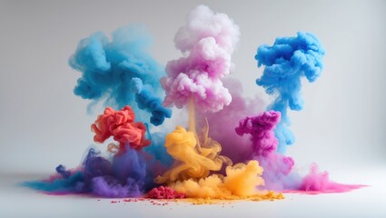 Aufkleber - Vibrant colored smoke clouds rising against a white background creating an artistic and dynamic visual effect in a studio setting