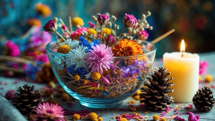 Poster - Aromatic glass bowl filled with vibrant dried flowers, candle glow, and pinecones creating a cozy and inviting atmosphere.