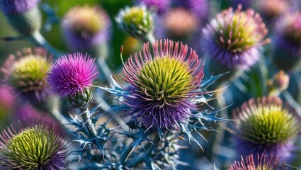 Aufkleber - Close-up of vibrant seeding flower heads of wild Creeping Thistle showcasing intricate details against a blurred natural background.