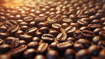 Aufkleber - Coffee beans background with selective focus and shallow depth of field creating a warm and inviting atmosphere for coffee enthusiasts.