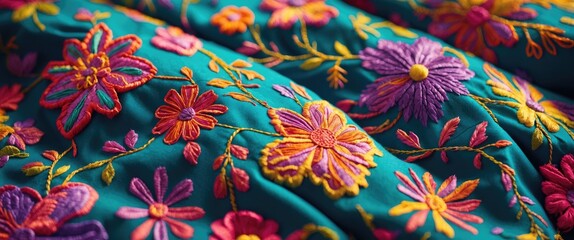 Aufkleber - Colorful embroidered floral motifs on teal fabric showcasing intricate stitching and vibrant designs ideal for fashion and textile projects.