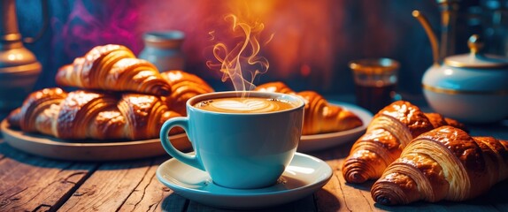 Poster - Warm coffee cup alongside freshly baked golden croissants on a rustic wooden table with a cozy ambiance and steam rising from the beverage.