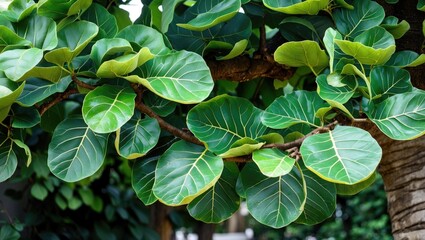 Poster - Close-up of lush green leaves of a fiddle leaf fig tree showcasing vibrant texture and detail in a tropical setting in Bangkok, Thailand.