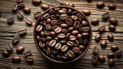 Poster - Coffee beans in a wooden bowl surrounded by scattered beans on a rustic wooden background creating an inviting still life composition