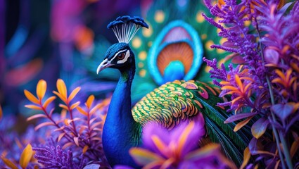 Poster - Vibrant peacock amidst lush purple foliage showcasing the beauty of nature's color palette and intricate patterns in a garden setting.