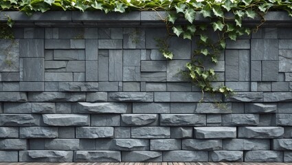 Poster - Elegant gray stone wall with intricate patterns complemented by lush ivy, showcasing a blend of natural beauty and architectural design.