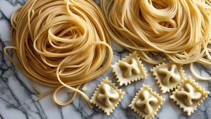 Aufkleber - Close up of various pasta types including spaghetti, fettuccine and ravioli arranged on a stylish marble surface for culinary presentation.