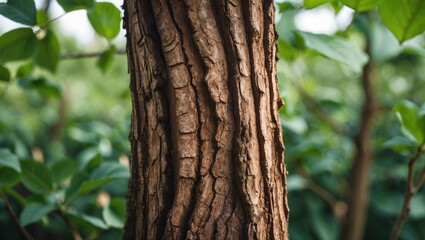 Aufkleber - Textured close-up of a brown tree trunk surrounded by lush green foliage showcasing natural beauty and intricate details.