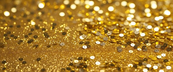 Poster - Golden glittering background with shimmering dust and sequins creating a vibrant and luxurious texture for festive designs and decorations.