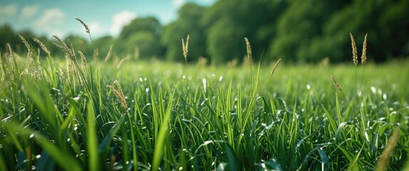 Poster - Vibrant green grass close-up in a lush summer meadow under soft natural lighting with a serene blurred background of trees.