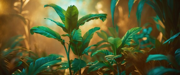 Aufkleber - Lush close-up of tropical green foliage illuminated by soft sunlight in a serene Philippine jungle setting