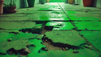 Poster - Cracked and weathered green cement floor with potted plants in a corridor setting highlighting texture and ambiance of neglected space.