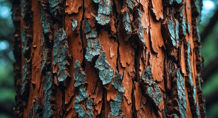 Aufkleber - Textured close-up of weathered tree bark featuring rich brown tones and intricate patterns of peeling layers in nature.