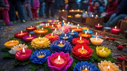 Aufkleber - Vibrant candles designed as flowers illuminating the ground at a festive candle celebration with a diverse crowd in the background.