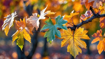 Poster - Vibrant autumn foliage of grapevine leaves showcasing rich colors on a branch in a serene vineyard setting