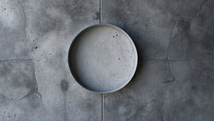 Poster - Gray concrete background with a circular plate showcasing texture suitable for design, branding, and art layout applications.