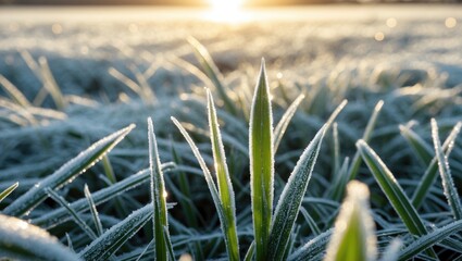 Poster - Frost-covered grass blades in sunlight showcasing nature's beauty during early morning hours in a serene winter landscape.