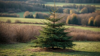 Poster - Lone Christmas tree standing proudly in a serene meadow surrounded by lush greenery and distant hills under a soft natural light.