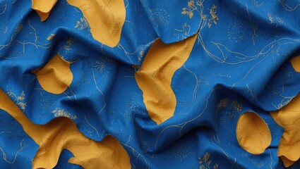 Aufkleber - Blue and gold fabric texture with dimensional pattern and botanical motifs ideal for textile design and background applications