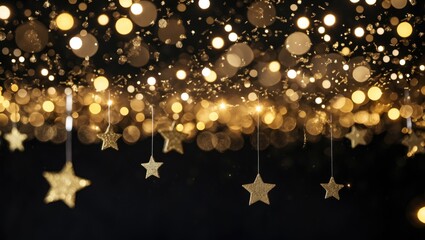 Poster - Golden sparkling bokeh lights with hanging stars on a black background ideal for festive celebrations and holiday themes.