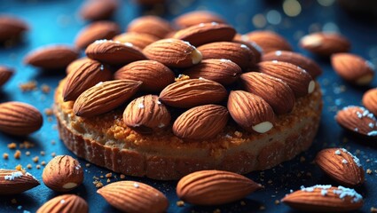 Poster - Baked almond topping on a flavorful dessert with scattered almonds creating a rich texture and visual appeal for culinary presentations.