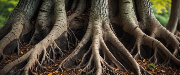 Aufkleber - Detailed close-up of intricate large tree roots showcasing texture and natural beauty in a vibrant woodland setting.