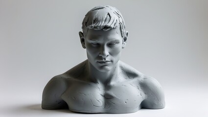 Poster - Sculptural grey modelling clay bust of a male figure displaying detailed facial features against a minimalistic white background