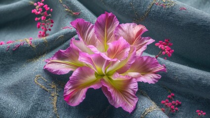 Poster - Vibrant pink flower on textured grey canvas with intricate embroidery perfect for floral design or textile backgrounds.