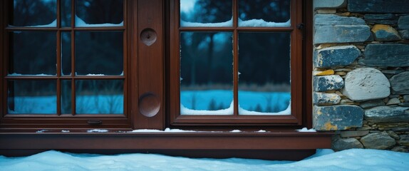 Aufkleber - Close-up of a rustic dark brown wooden window with snow at the bottom against an old stone wall evokes winter charm and cozy atmosphere.
