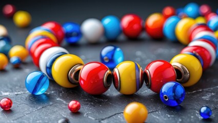 Aufkleber - Colorful collection of beads in red, yellow, blue and white arranged artistically on a dark textured background showcasing vibrant craftsmanship