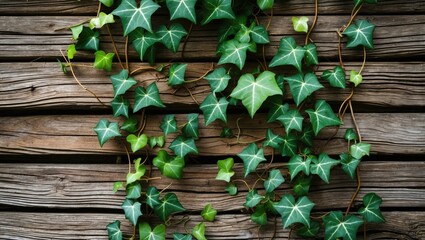 Poster - Lush green ivy plant gracefully climbing on textured old wooden planks creating a rustic and natural aesthetic for nature lovers.