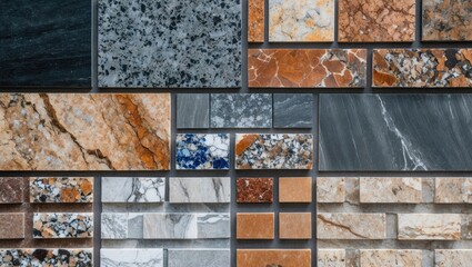 Poster - Decorative stone tiles in various colors and patterns showcasing granite, marble, slate, and travertine for interior design inspiration