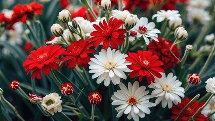 Wall Mural - Vibrant Array of Red and White Flowers in Full Bloom Against Lush Green Foliage for a Stunning Garden or Floral Theme Design