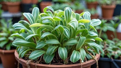 Poster - Vibrant Chlorophytum comosum plant with lush green leaves in a terracotta pot surrounded by other potted plants in a garden setting