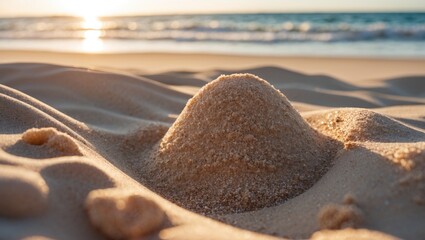Aufkleber - Serene Close-up of Sand Dune on Beach at Sunset with Gentle Waves in Background and Warm Summer Glow