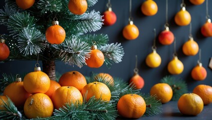 Poster - Festive Christmas and New Year setup featuring tangerines and a decorated artificial tree against a dark background