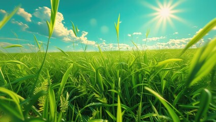 Poster - Lush green meadow under a bright sunlit sky with vibrant grass swaying gently in the breeze on a beautiful sunny day.