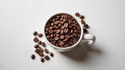 Aufkleber - Brown coffee beans piled in a white cup with scattered beans on a clean background highlighting rich textures and colors of coffee.