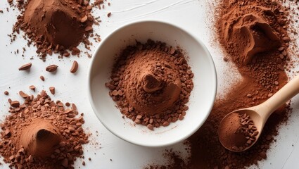 Poster - Cocoa powder with scattered chocolate chips and spoon on white background showcasing natural textures and colors for culinary use