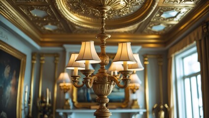 Poster - Elegant Vintage Chandelier Highlighting Ornate Golden Ceiling in Luxurious Interior Setting