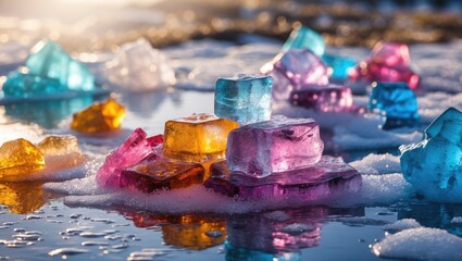 Aufkleber - Colorful ice cubes in a natural setting reflecting light and creating a vibrant background in winter or festive theme concepts.