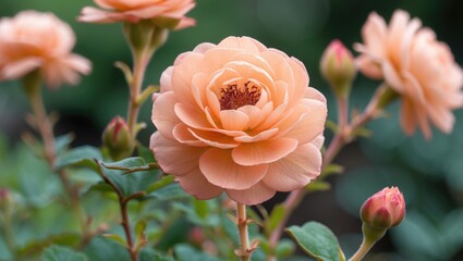 Poster - Peach colored Portulaca grandiflora closeup with soft petals surrounded by lush green foliage in a serene garden setting.